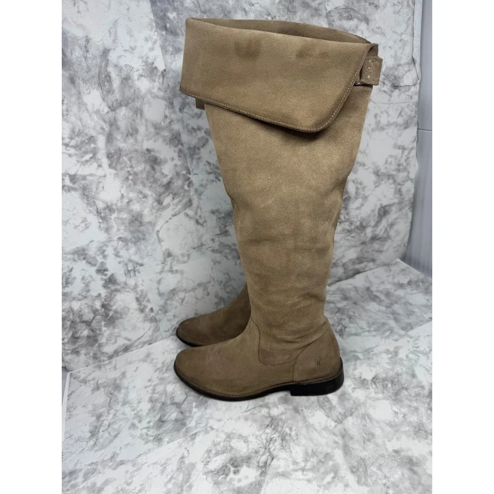 Frye Melissa Over The Knee Boots Tan Suede Boho fold Over Cuff Tall Flat Boot